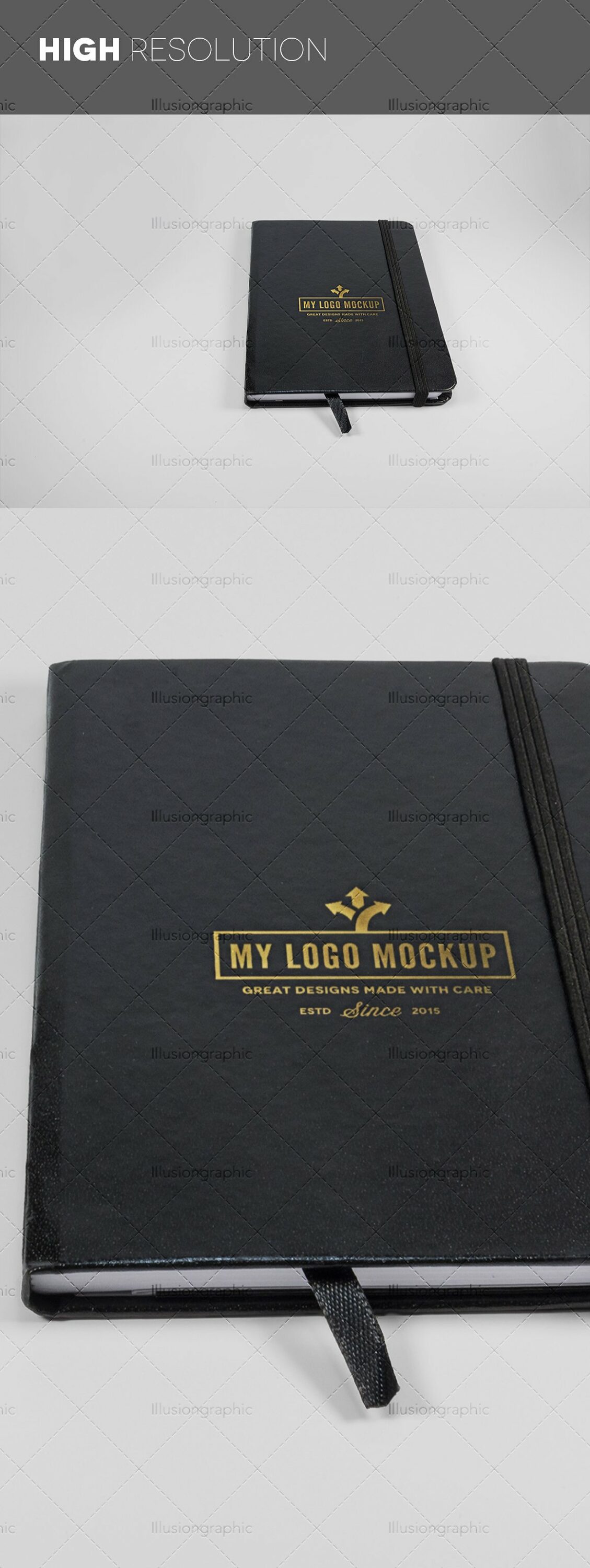 Images of a notepad with a colorful design in black.