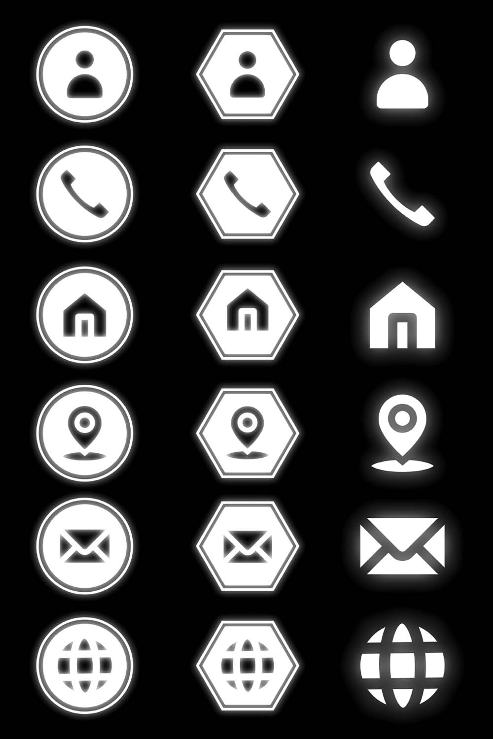 White Neon And Black Filled Contact Icons pinterest image.