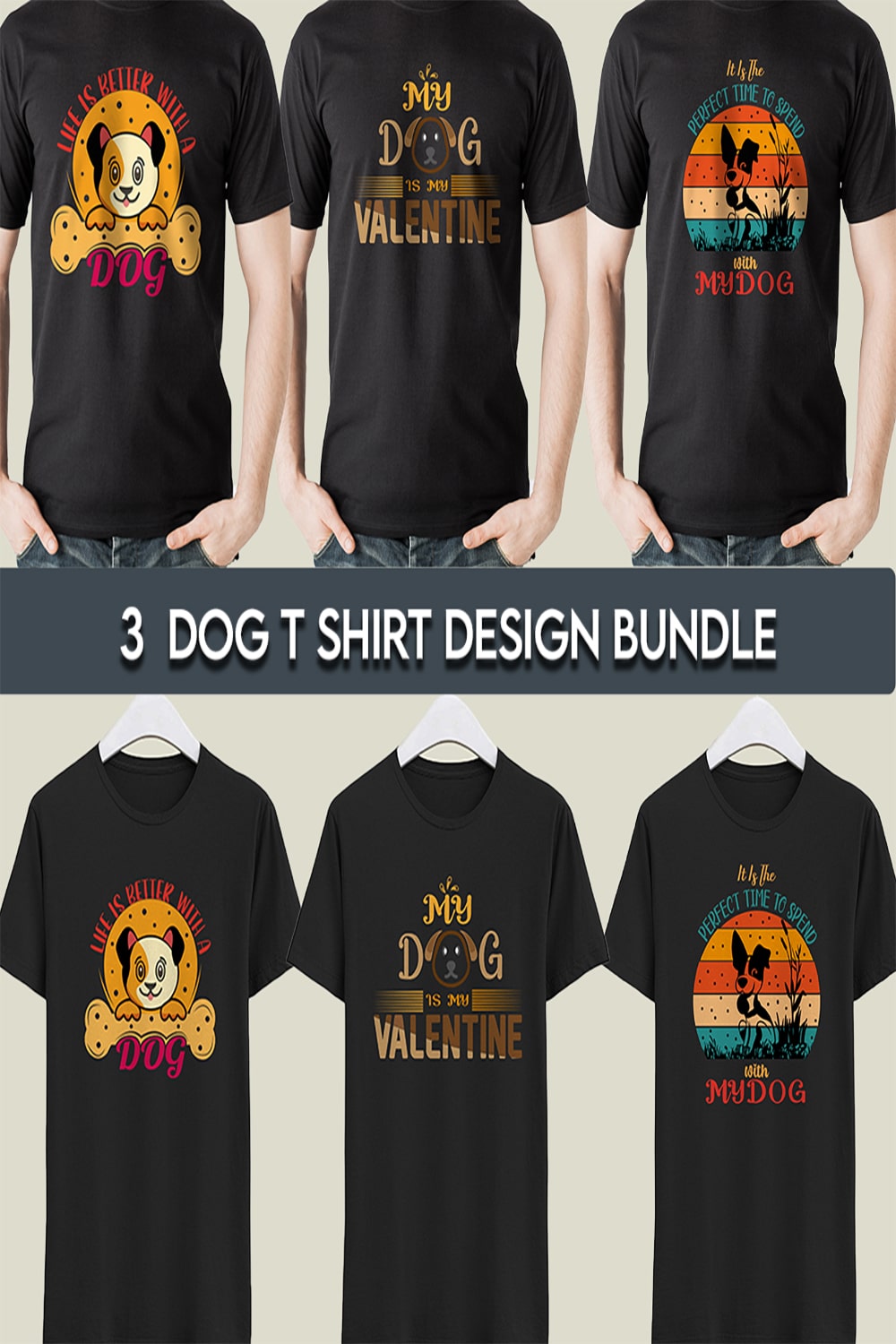 3 Dog T-shirt Design Bundle Pinterest collage image.