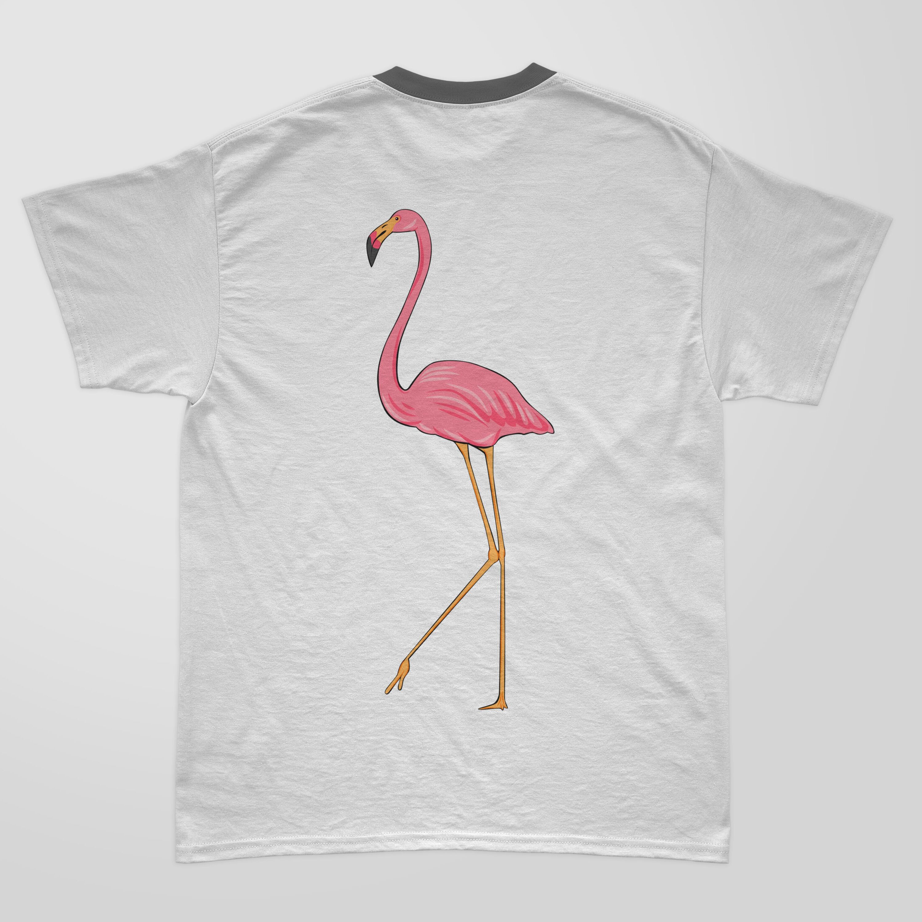 Straight pink flamingo on the white fabric.