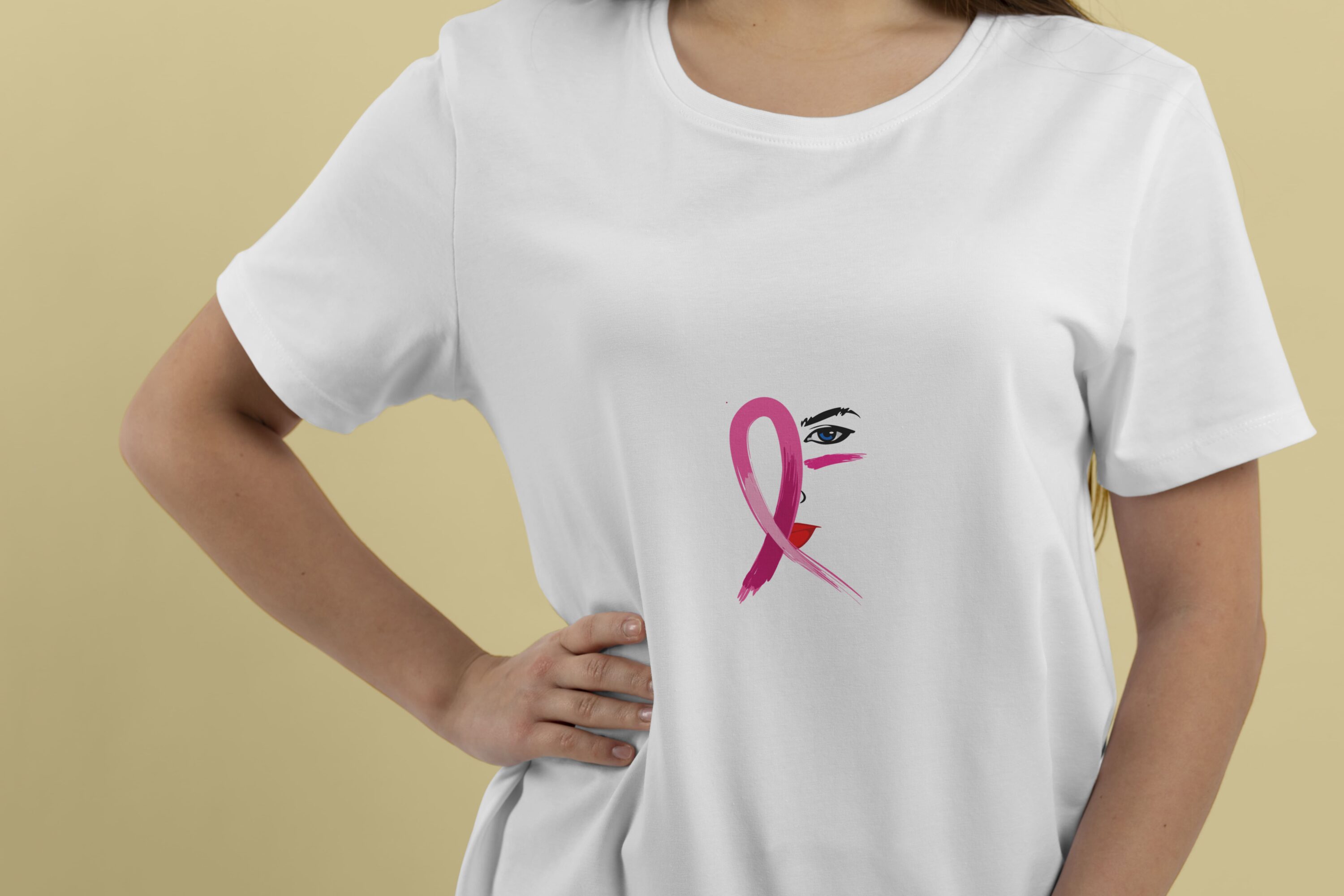 Stylish women graphic with the hand drawn breast cancer ribbon.