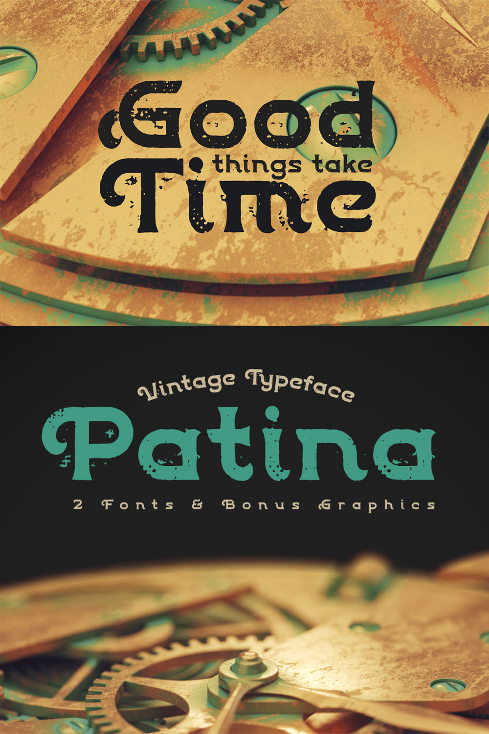 Patina Font Pinterest Collage image.