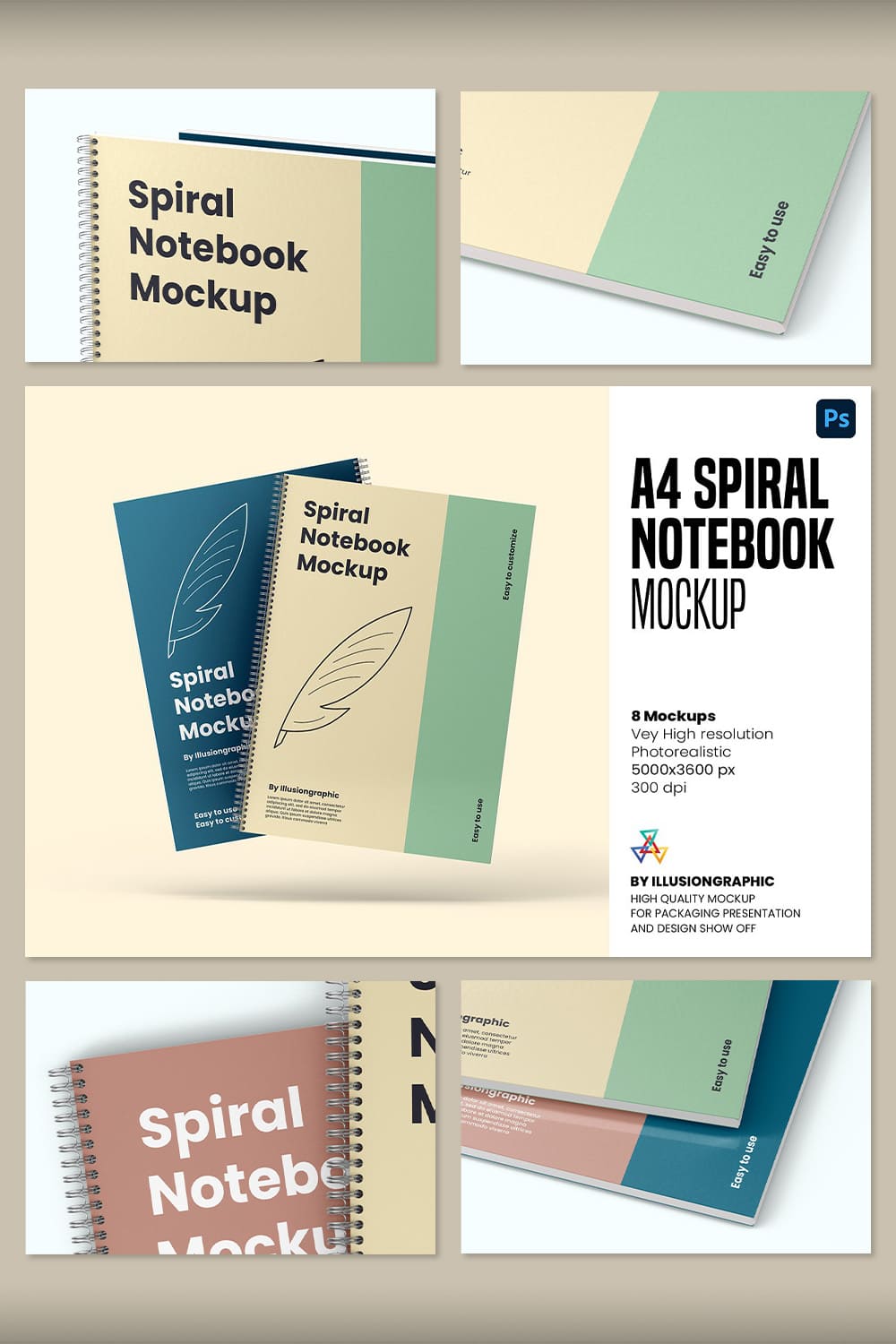 Spiral Notebook Mockup A4 - 8 Views - Pinterest.