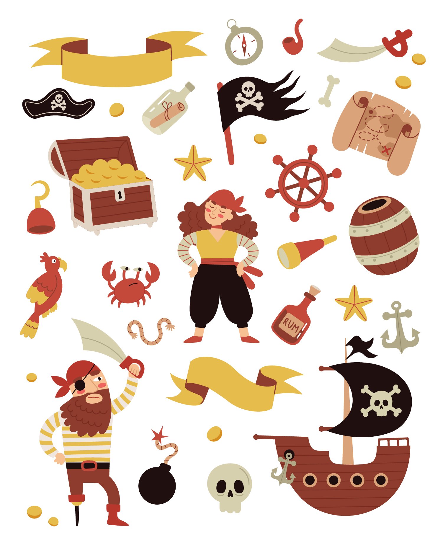 Big collection of the separate pirate elements for the full composition.