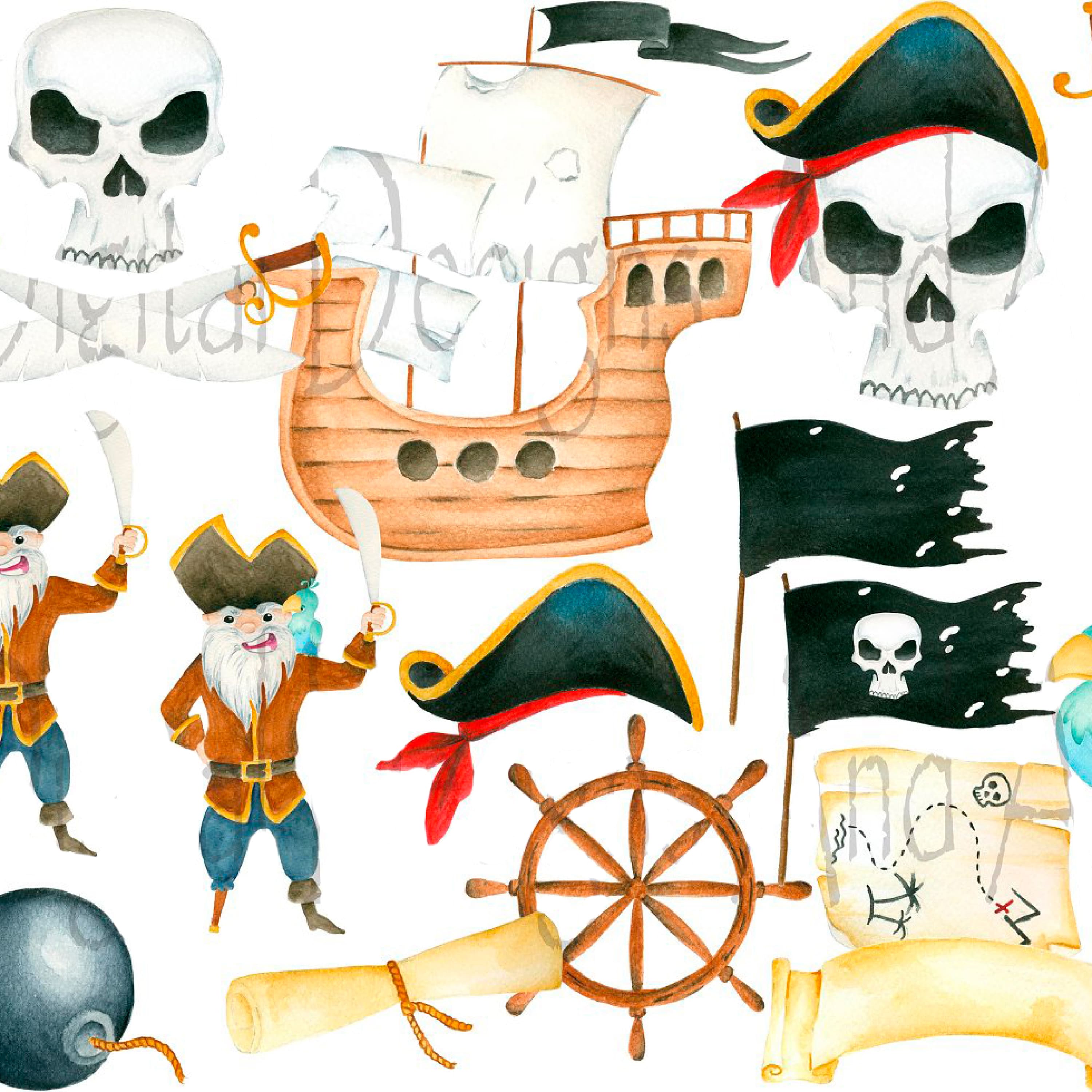 Pirate ship clipart set cover.