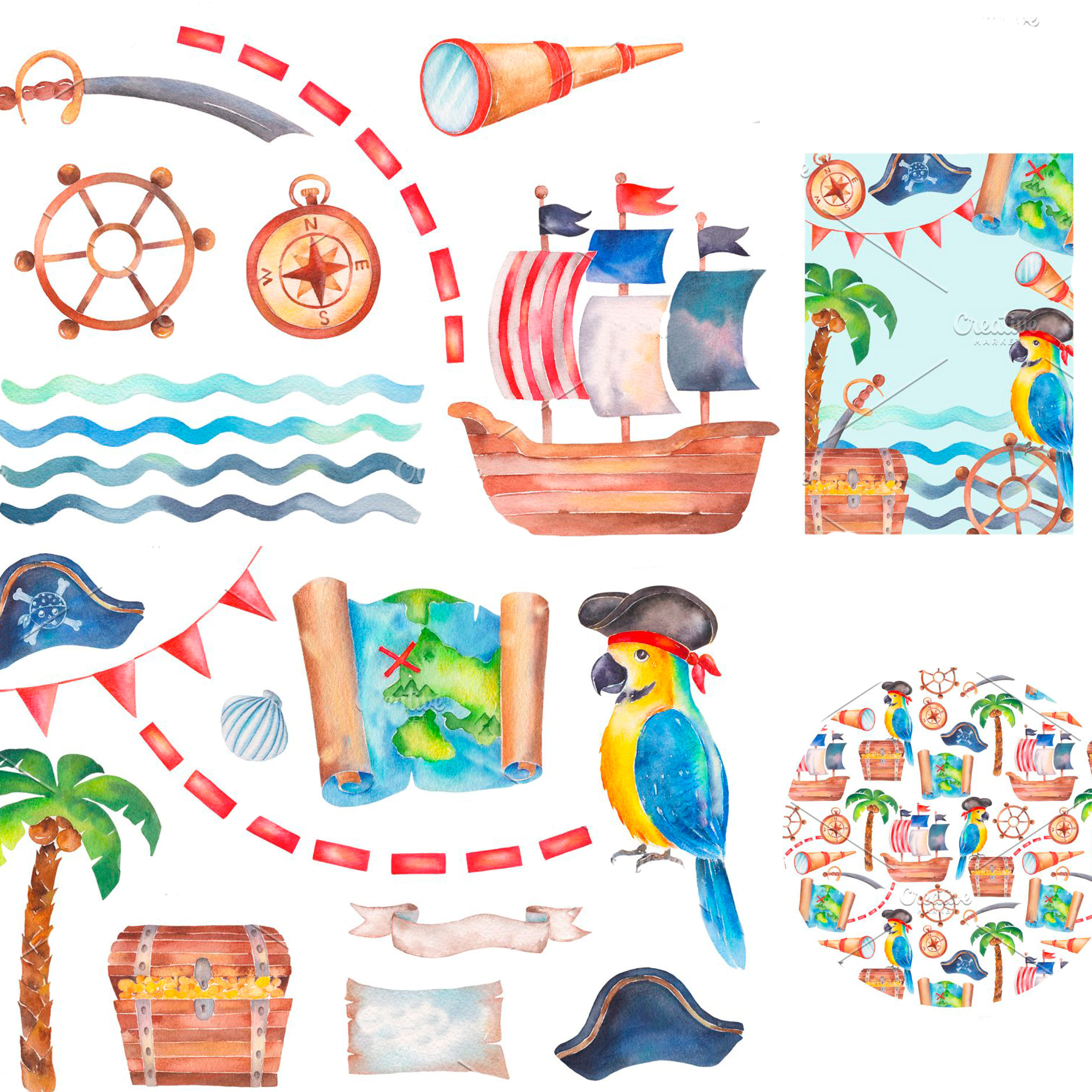 Pirates Party watercolor clipart set cover.