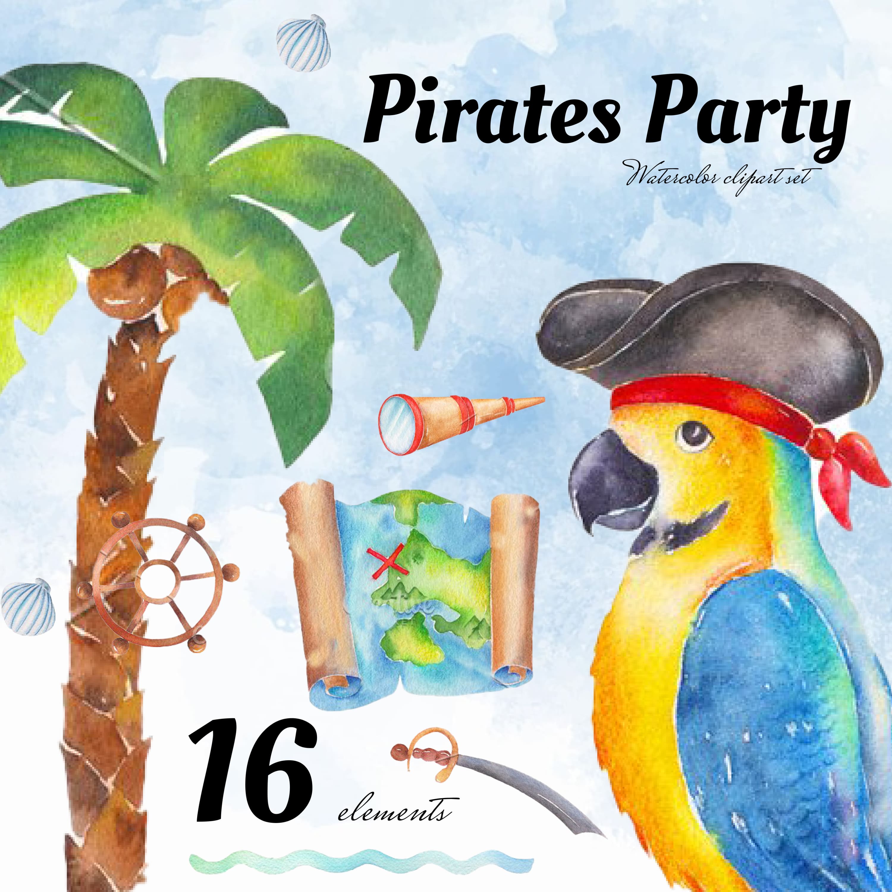Pirates Party watercolor clipart set.