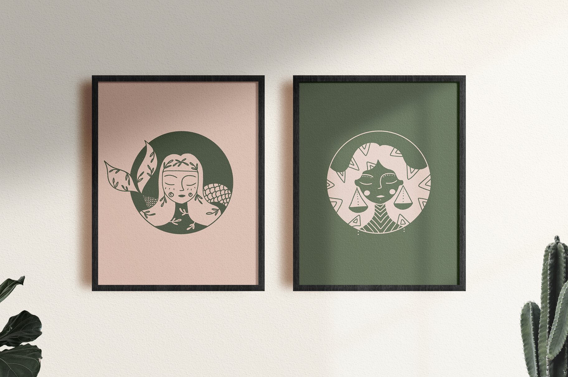 Two pastel posters with the pisces and libra graphic.