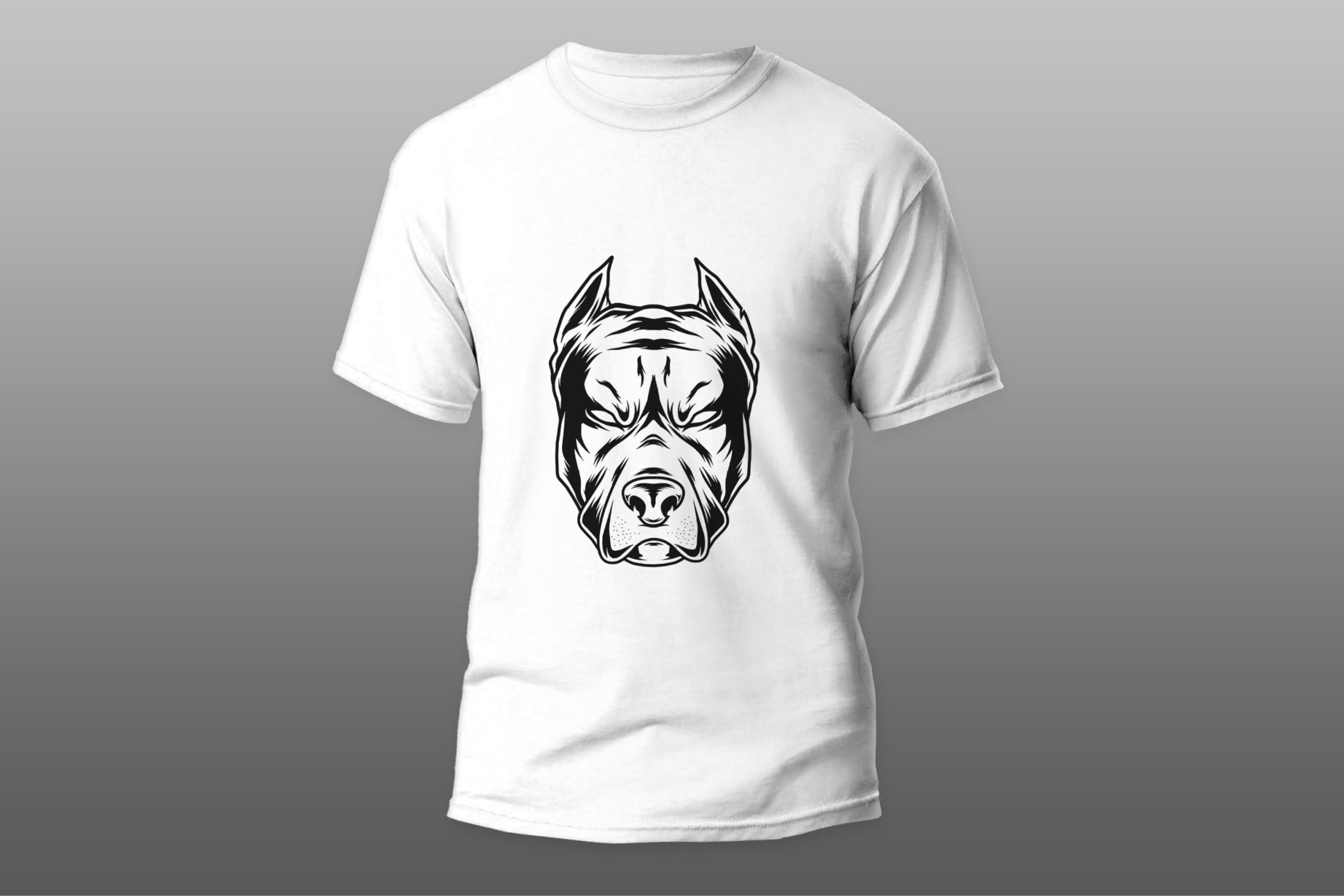 White T-shirt with a black pitbull face on a gray gradient background.