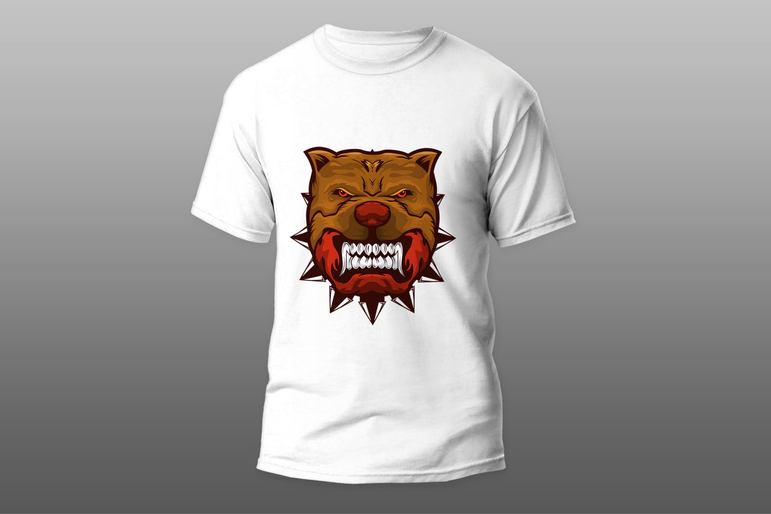 White T-shirt with a brown angry pitbull face on a gray gradient background.