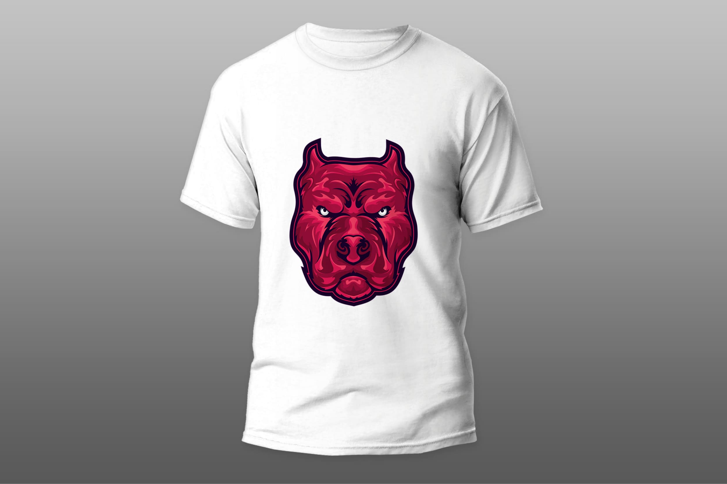 White T-shirt with a pink pitbull face on a gray gradient background.