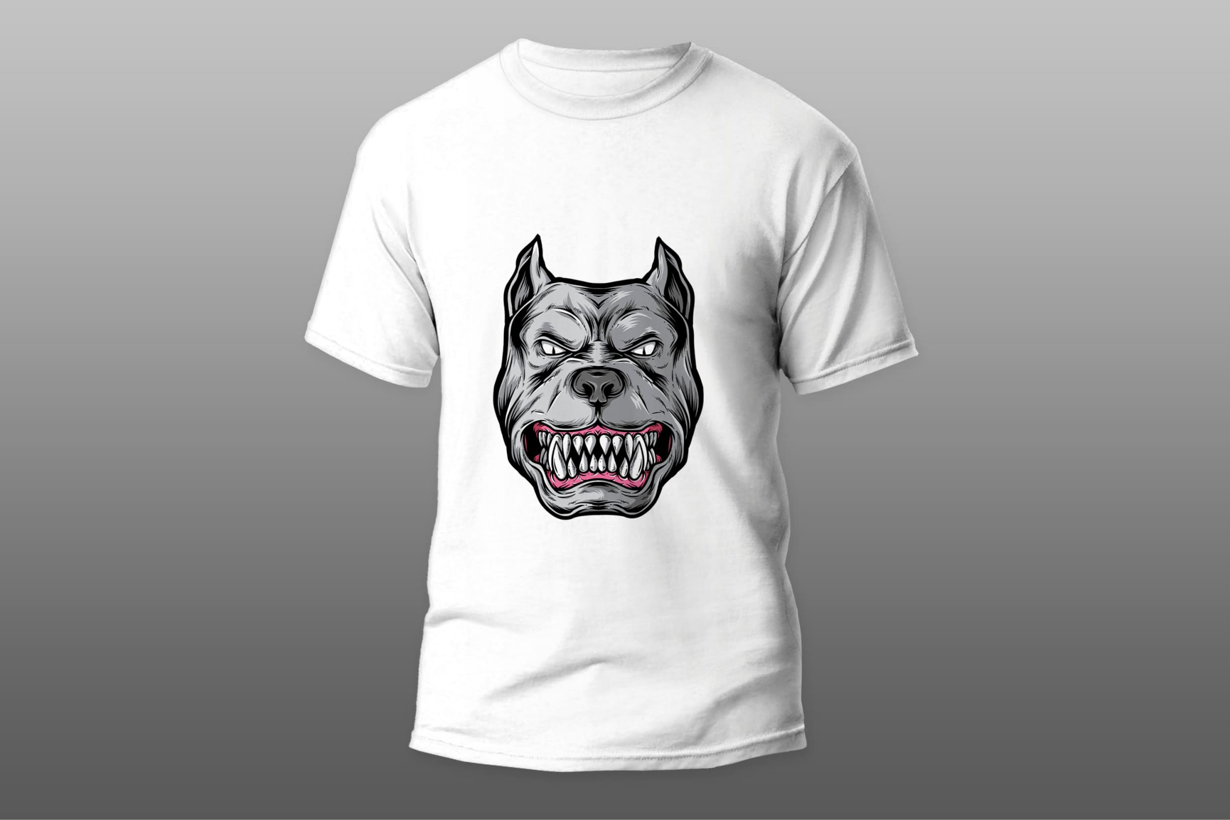 White T-shirt with a gray angry pitbull face on a gray gradient background.