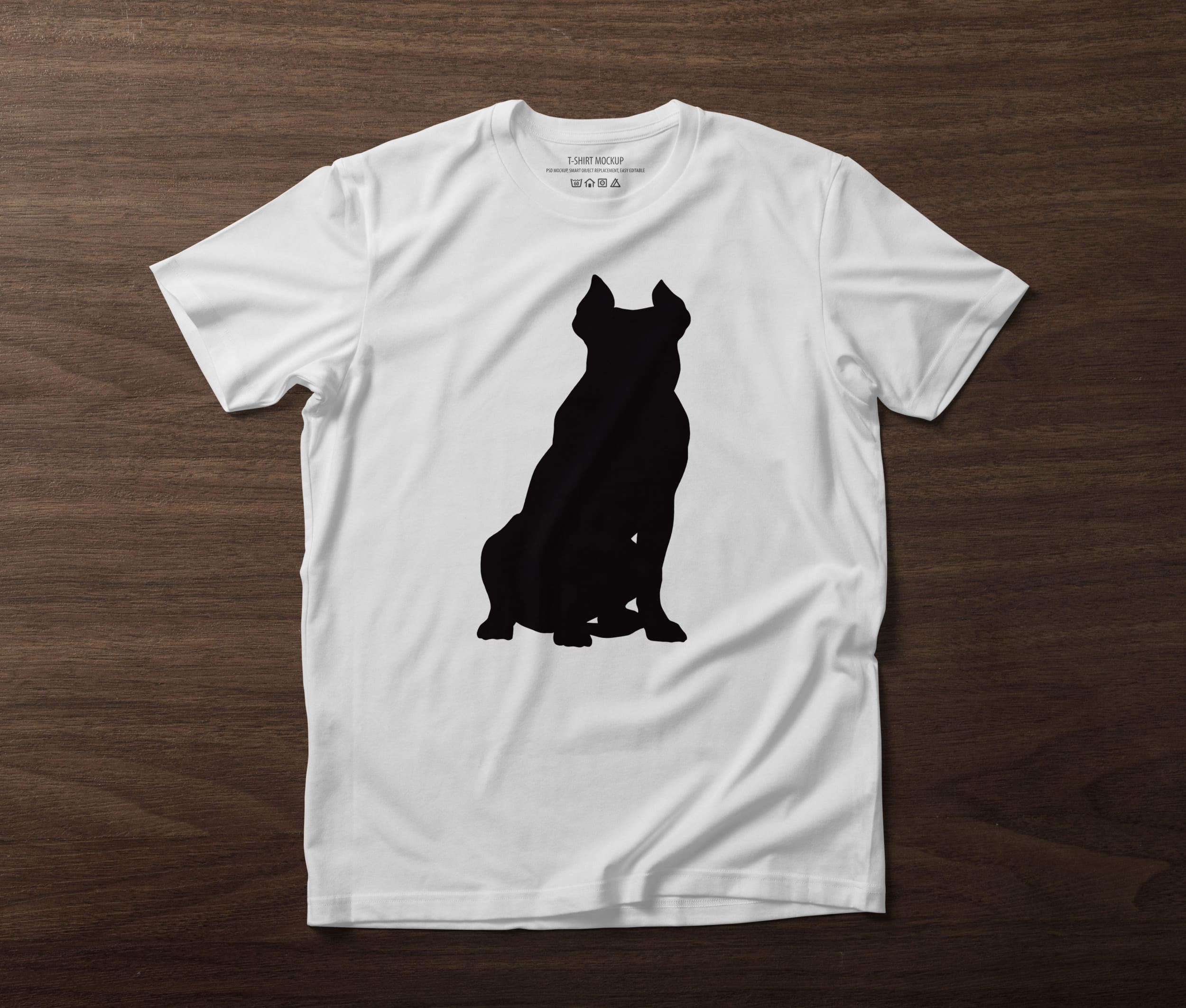 White T-shirt with a black silhouette of a sitting pitbull on the table.