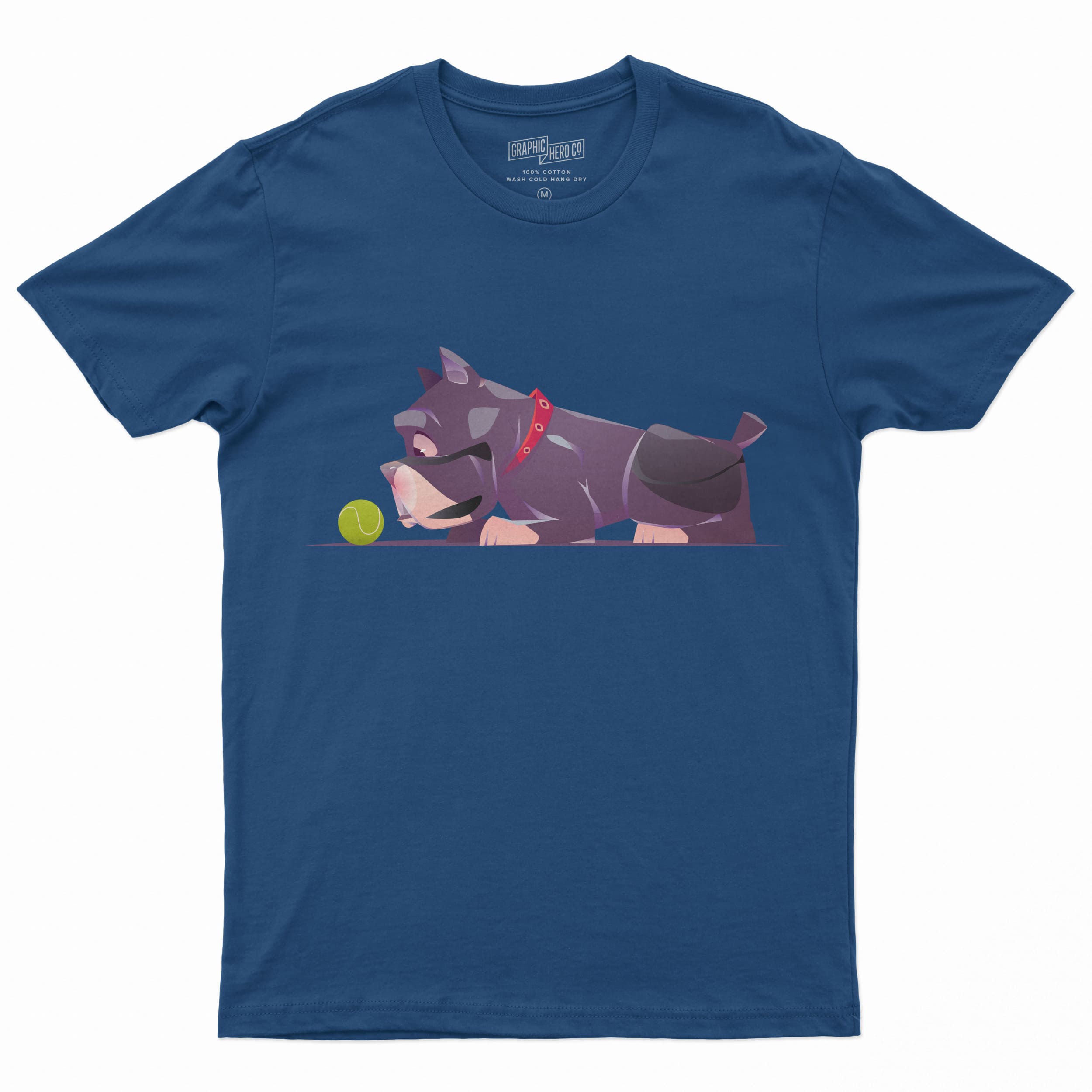 Dark blue t-shirt with a black pitbull on a white background.