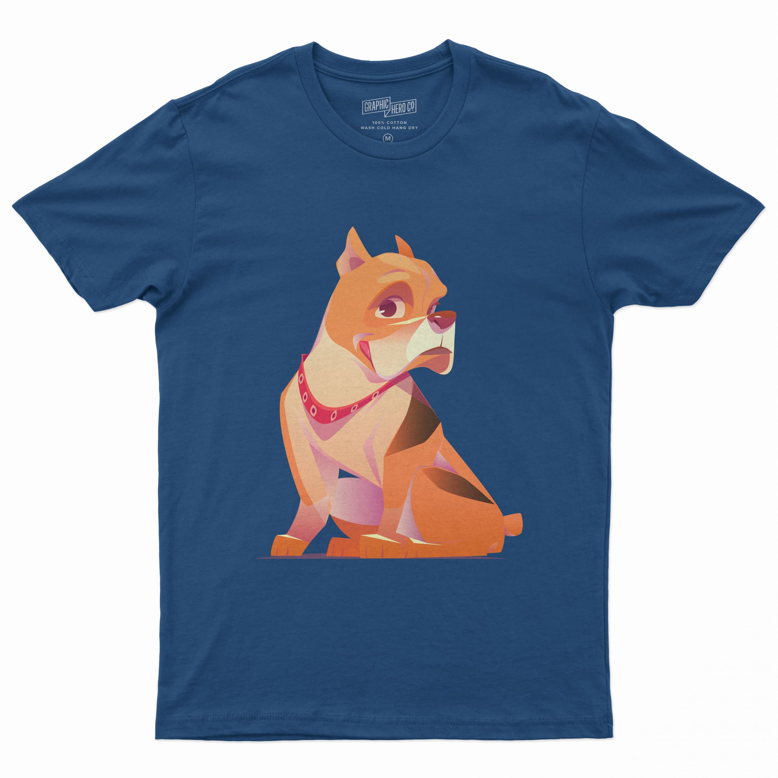 Dark blue t-shirt with a red pitbull on a white background.