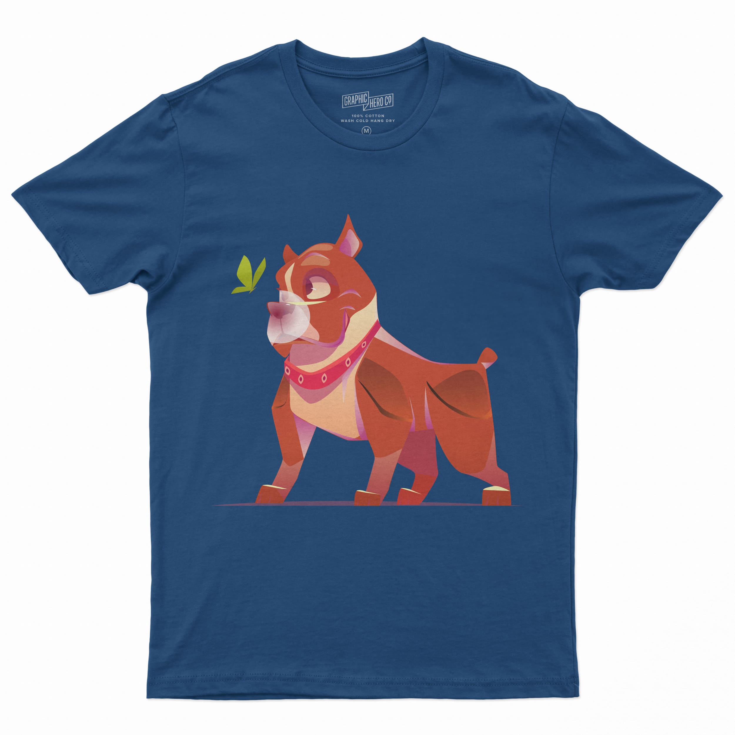 Dark blue t-shirt with a red pitbull with butterfly on a white background.