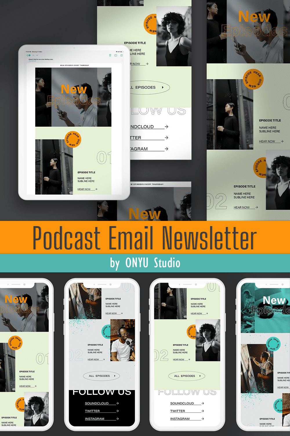 Collection of images of colorful podcast information email design template.