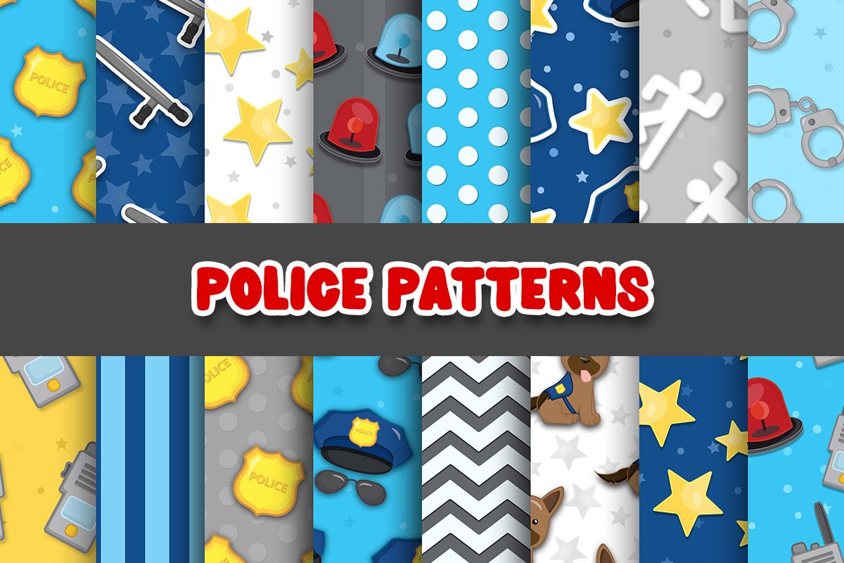The red lettering "Police Patterns" on a dark gray background and 16 different police-themed images.