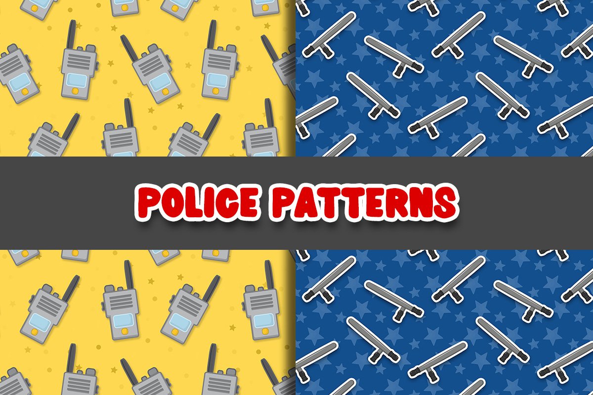 The red lettering "Police Patterns" on a dark gray background and gray police radios on a yellow background and gray batons on a blue background.
