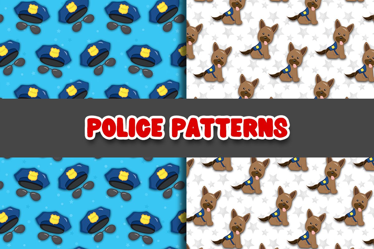 The red lettering "Police Patterns" on a dark gray background and blue police cap and dark gray glasses on a blue background and a police dog on a white background.