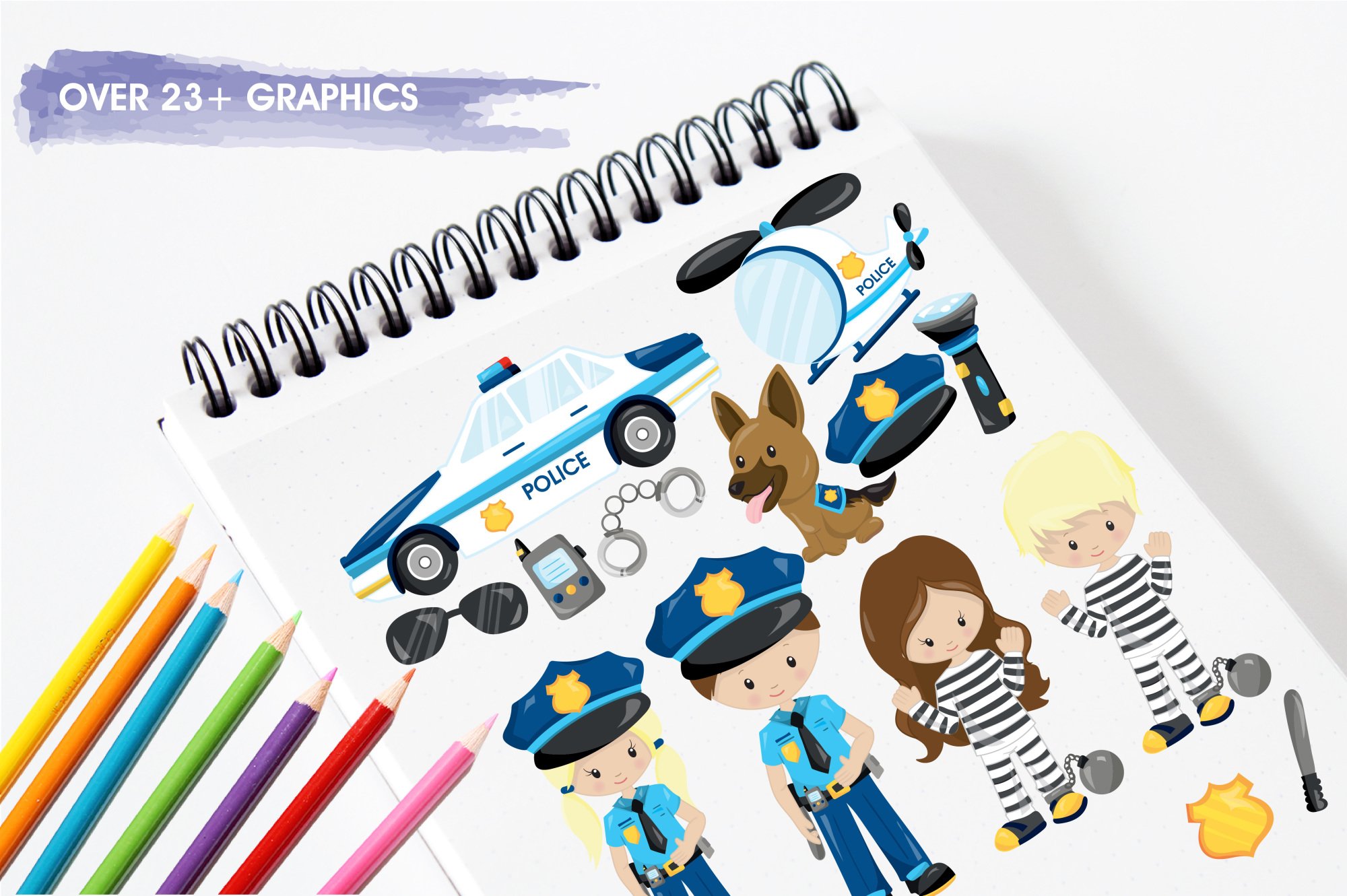 7 colored pencils and a notepad with 2 police officers, 2 detained criminals, a police dog, a police cap, a flashlight, a police car and a helicopter, glasses, a walkie-talkie, handcuffs, a police badge and a baton.