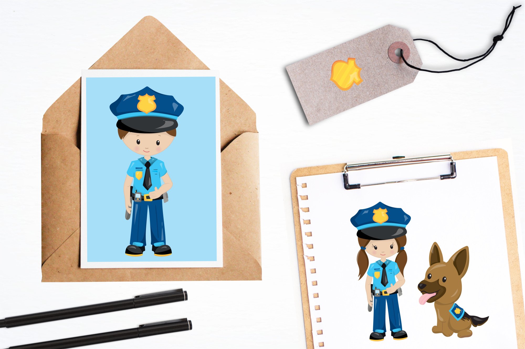 Craft envelope with a picture of a police officer, a tag with a picture of a police badge, a leaflet with a picture of a policeman with a police dog and two black pens.