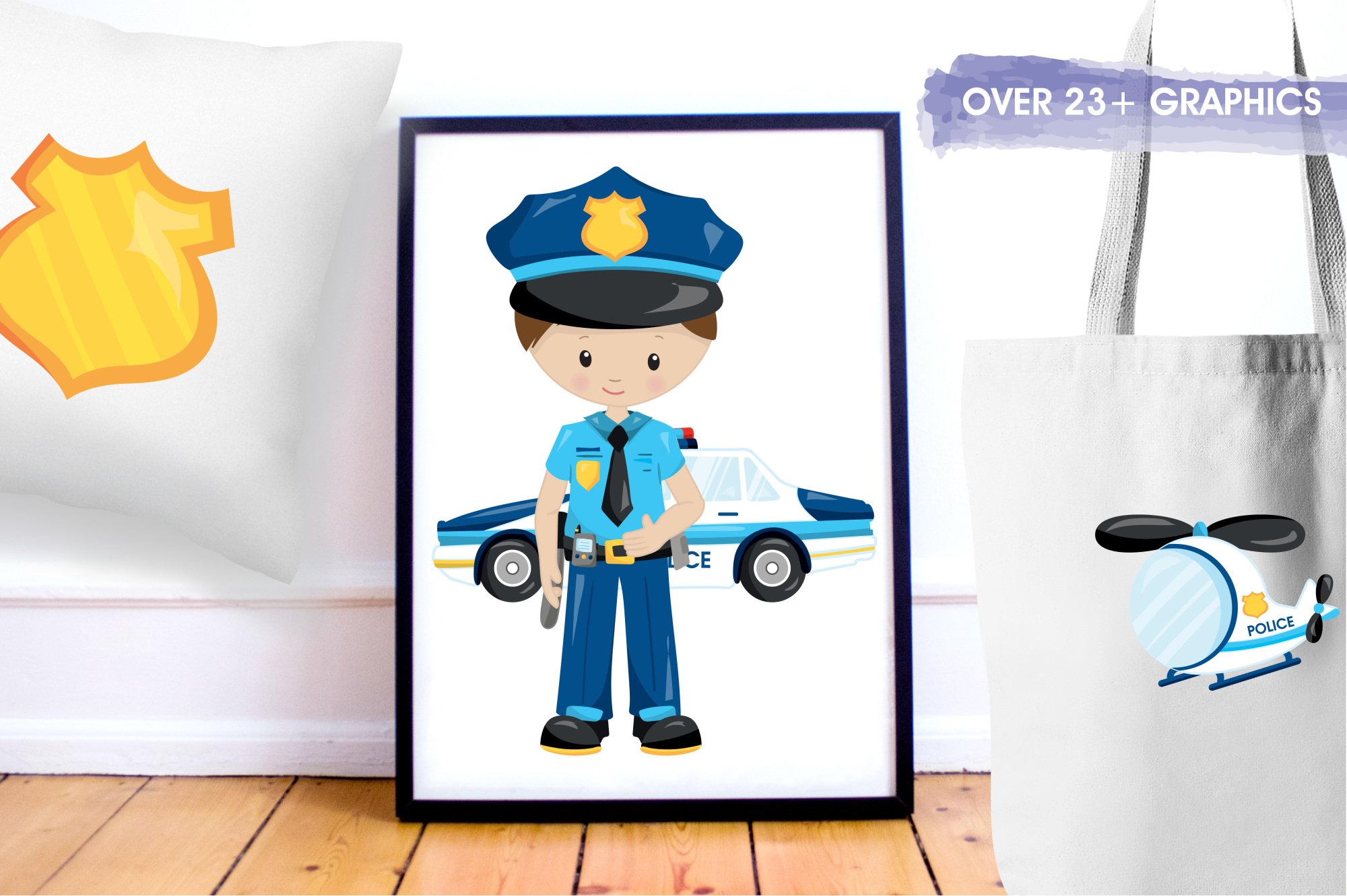 Image of a police officer and a police car on a white background in a black frame, a white pillow with a police badge and a shopping bag with a police helicopter.