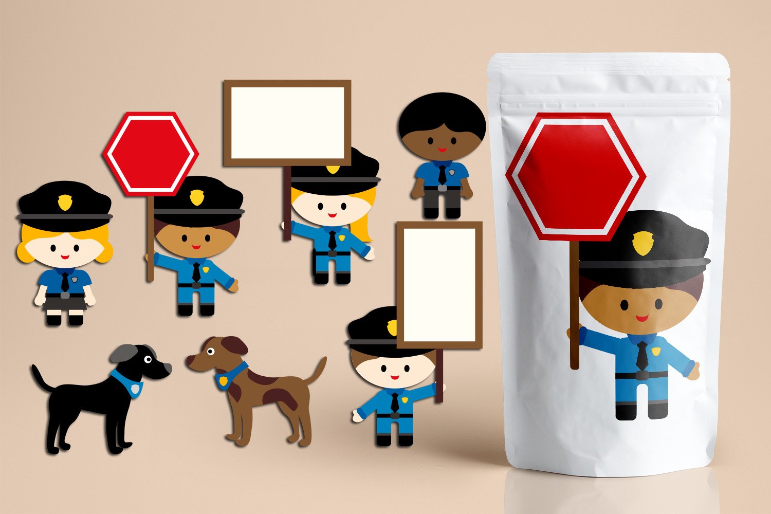 A policeman with a red road sign, a policeman and a policewoman with a white roadsign, a policeman and a policewoman, a brown and black dog, a white zip bag for coffee with a picture of a policeman with a red road sign.