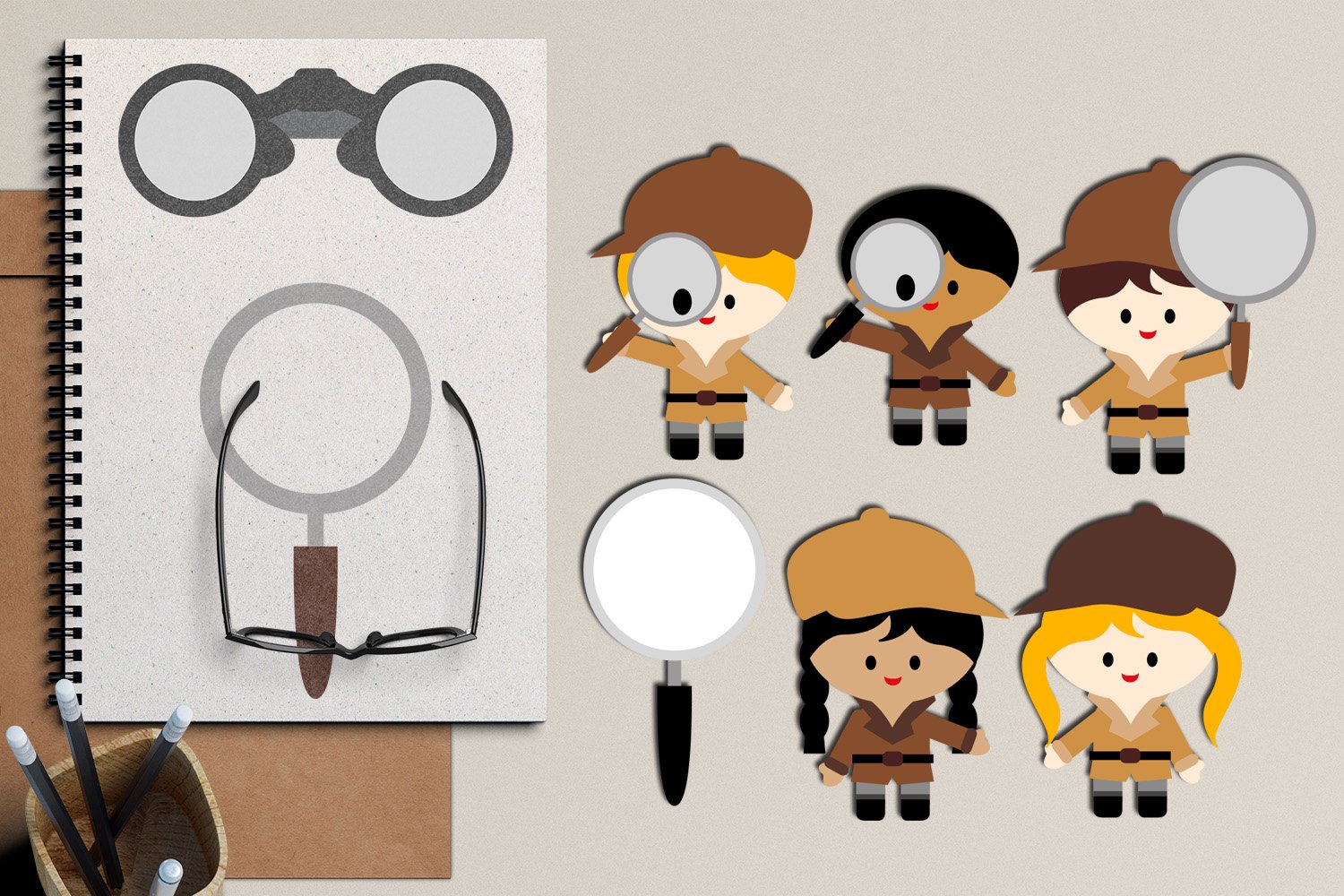 3 male detectives with a magnifying glass, 2 female detectives, a magnifying glass, glasses and a notepad with a picture of binoculars and a magnifying glass.