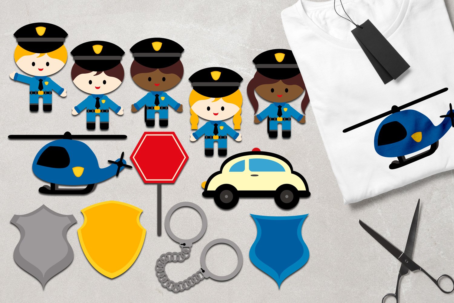 3 policemen, 2 policewomen, 4 police badges, a helicopter, a police car, handcuffs and a white helicopter t-shirt.