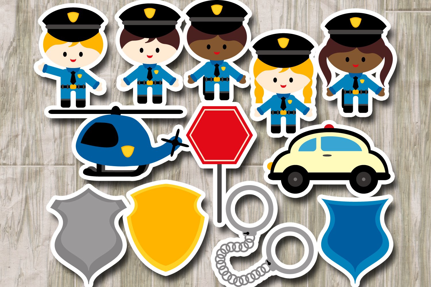 Sticker images - 3 police officers, 2 police women, 4 police badges, helicopter, police car and handcuffs.
