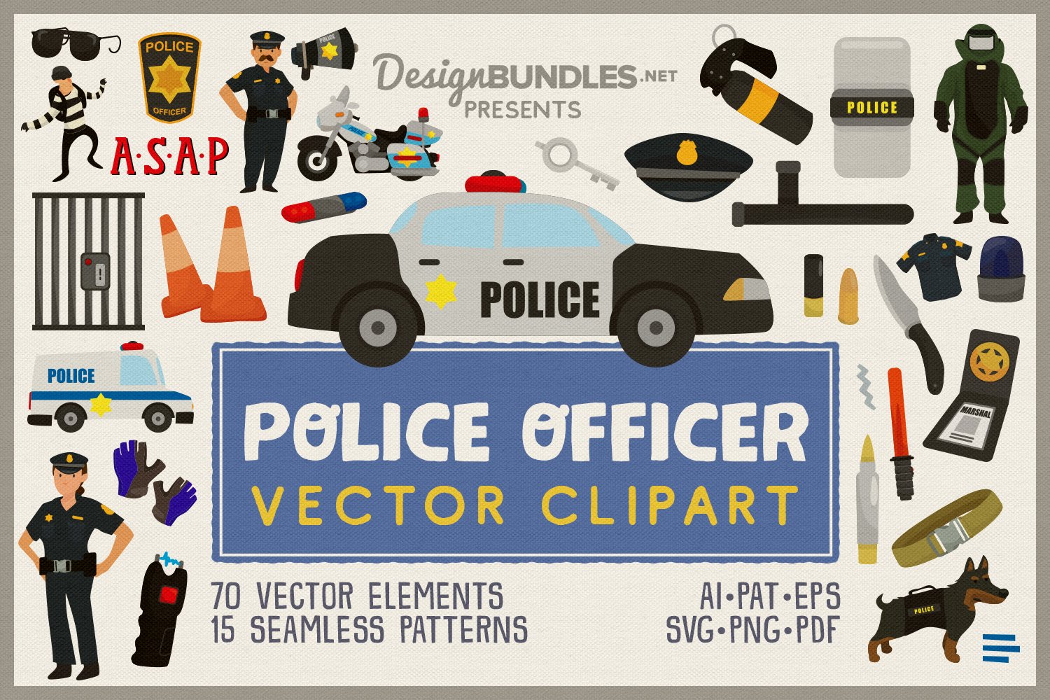 The white lettring "POLICE OFFICER" and the yellow lettering "Vector Clipart" on a blue background, and 30 different police officer elements on a grey background.