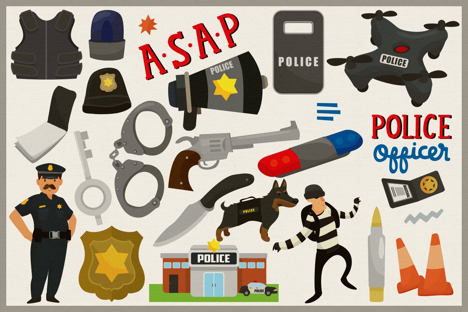Images of policeman, thief, police station, police dog, signaling, loudspeaker, drone, wallet, body armor, key, safe, knife, handcuffs, gun, bullet and others.