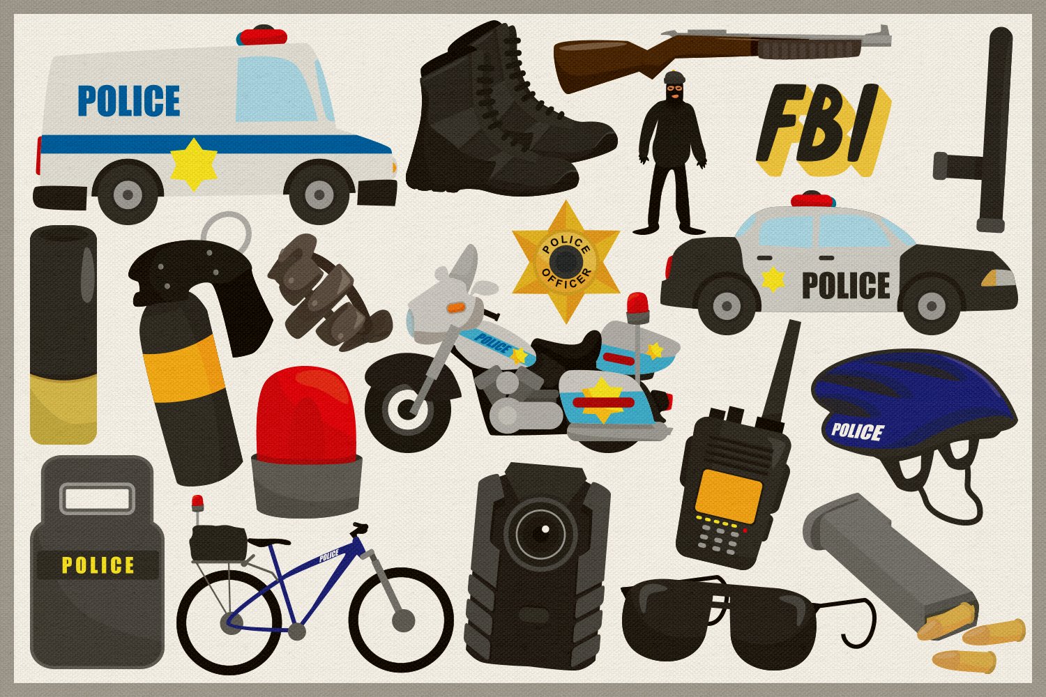 Images of a baton, a gun, a helmet, a walkie-talkie, glasses, a signaling device, a police moped, 2 police cars, boots, a robber, a bicycle and others.