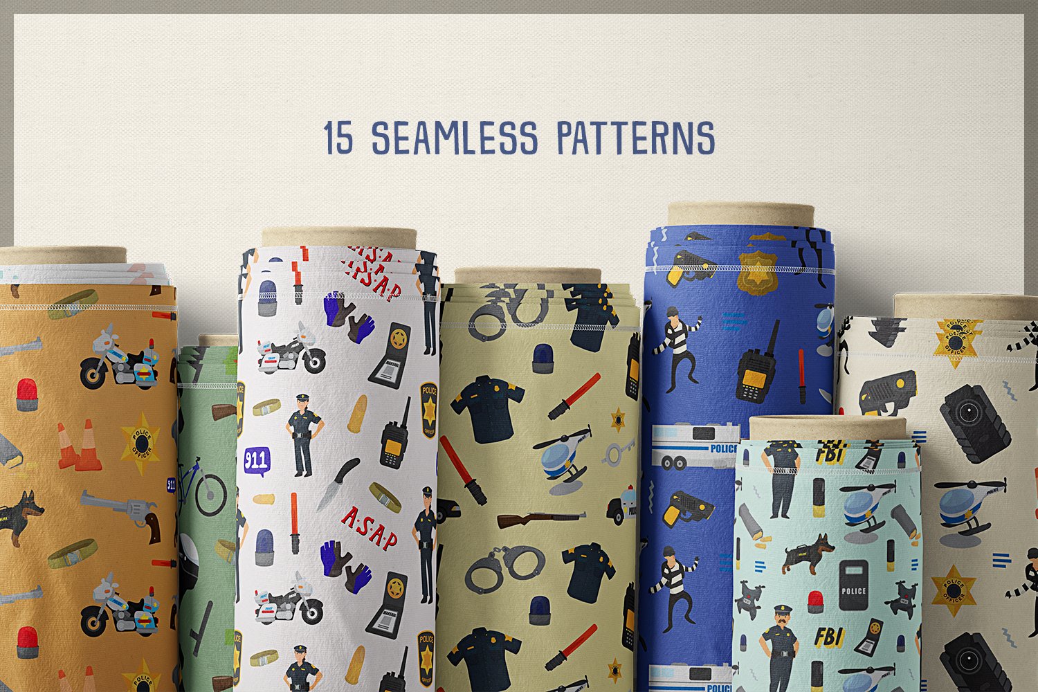 The blue lettering "15 seamless patterns" on a grey background and 7 different rolls with images of police elements.