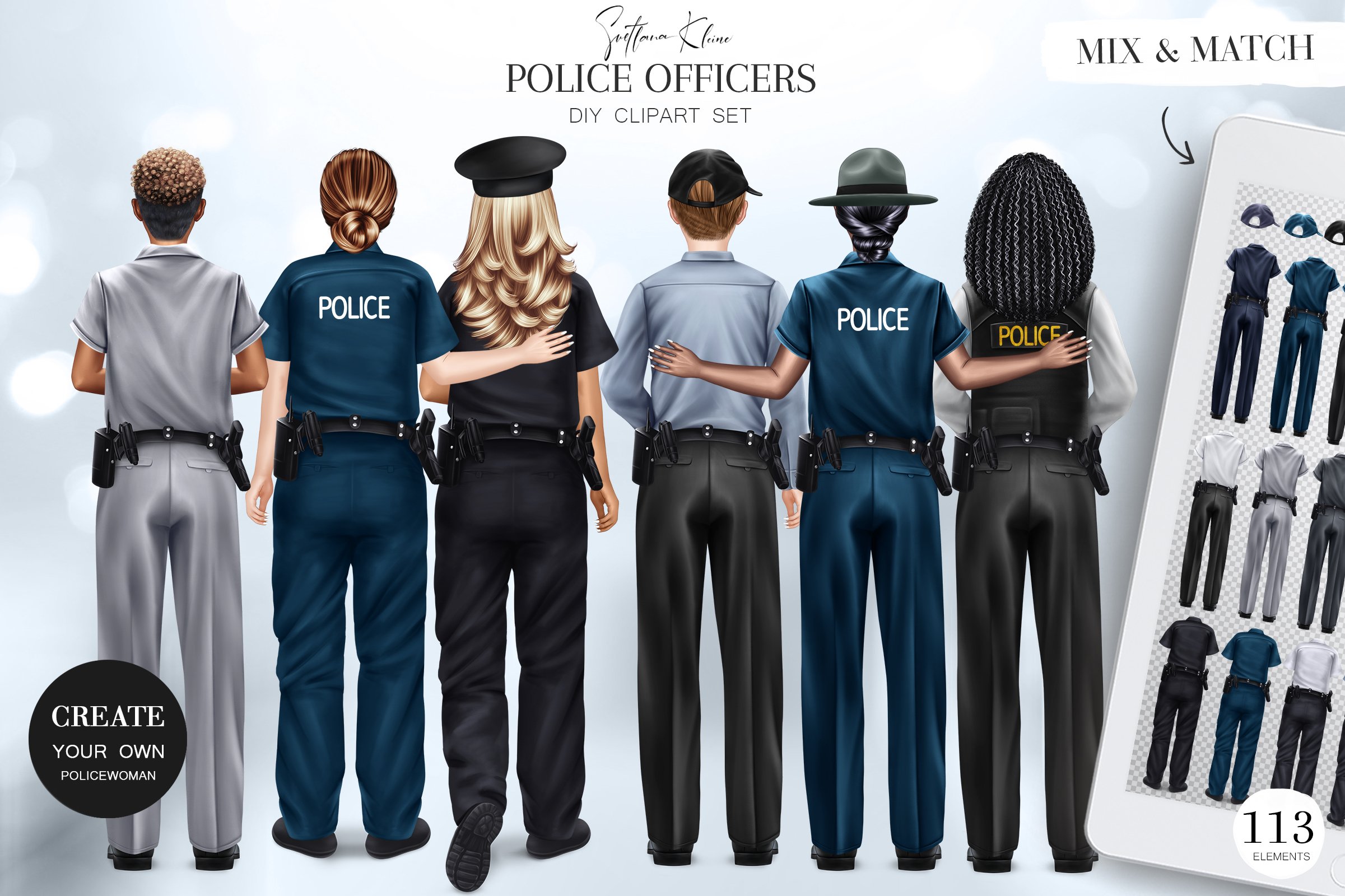 The black lettering "Police officers" and 6 police officers standing behind - 2 men in gray shirts with gray and black trousers, and 2 women in black shirts and trousers, and 2 women in blue shirts and trousers.