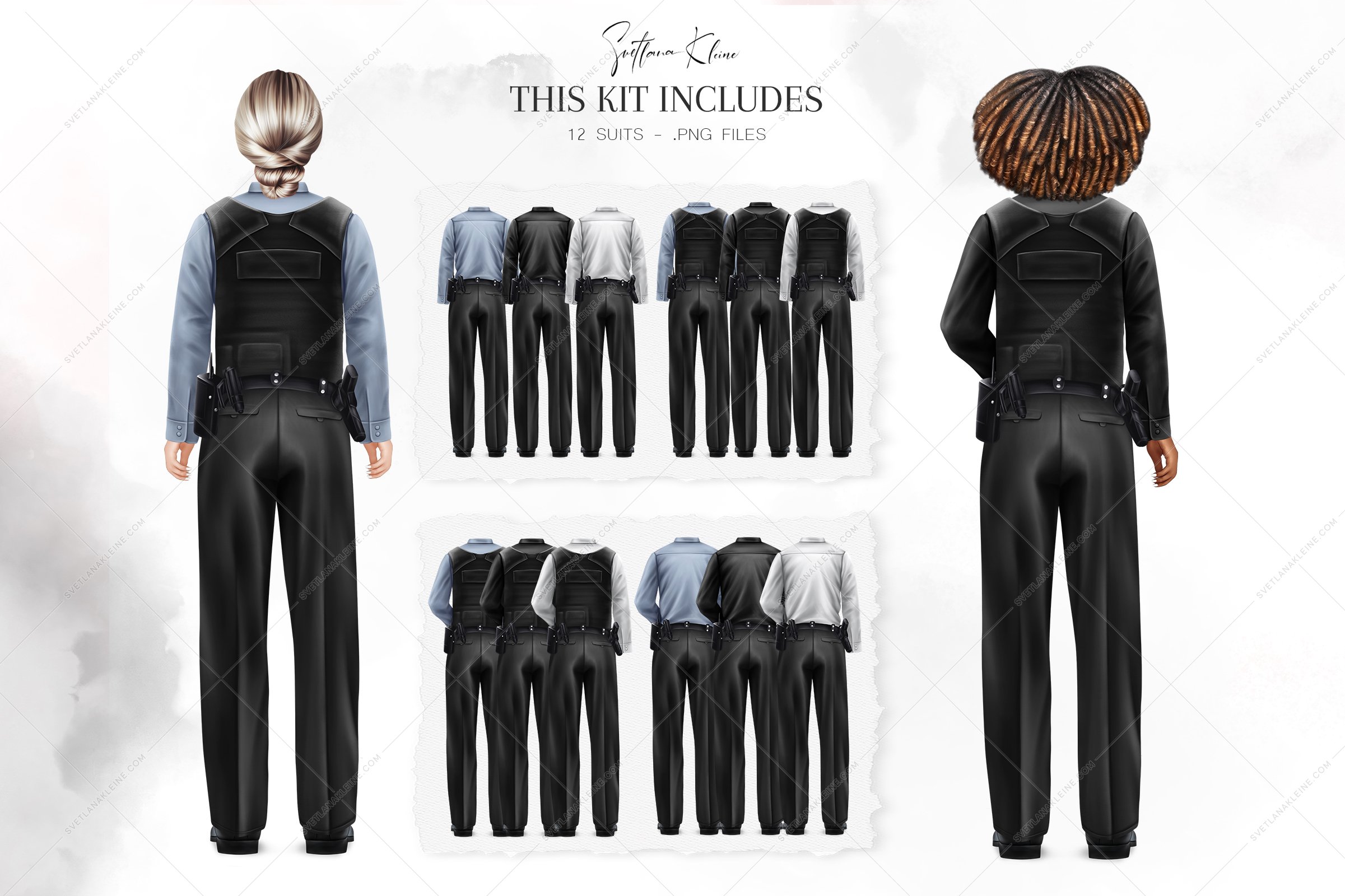 The black lettering "This kit includes" and 2 women - a woman in a gray shirt with a black suit and a woman in a black shirt with a black suit and 12 different suits.