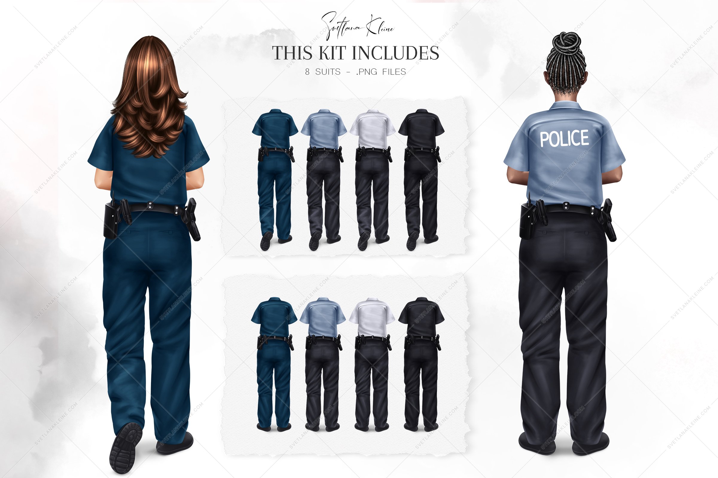 The black lettering "This kit includes" and 2 women - a woman in a blue suit and a woman in a grey shirt with a black trousers and 8 different suits.