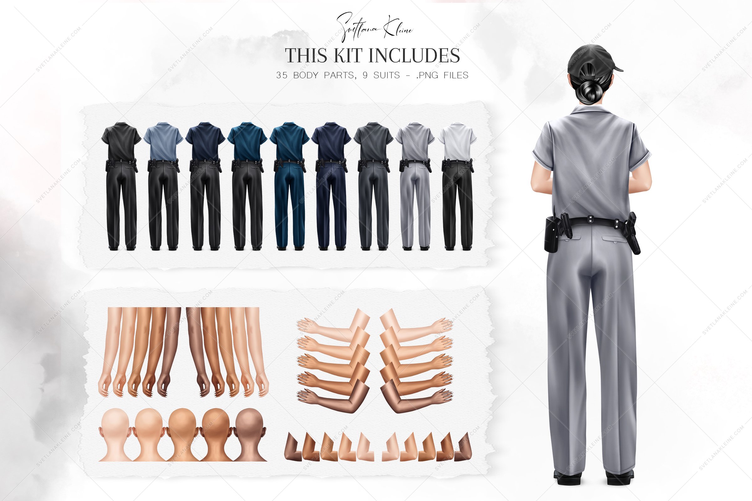 The black lettering "This kit includes" and a woman with a black hair in a grey suit, 9 different suits and 35 different body parts.