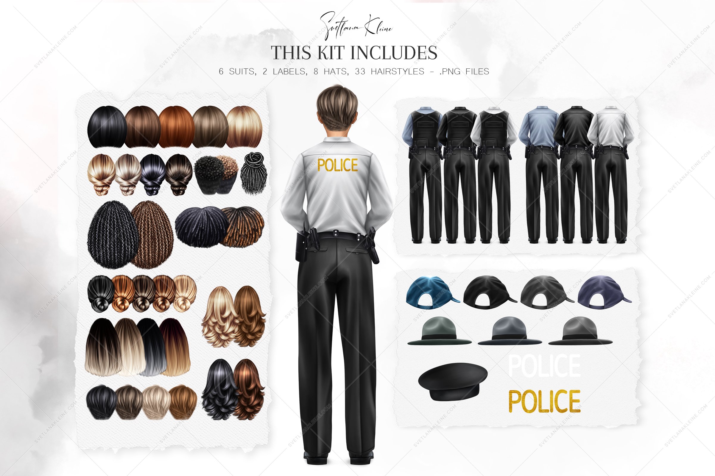 The black lettering "This kit includes" and a man in a grey shirt with a black trousers, 6 different suits, 2 labels "Police", 8 different hats and 33 different hairstyles.
