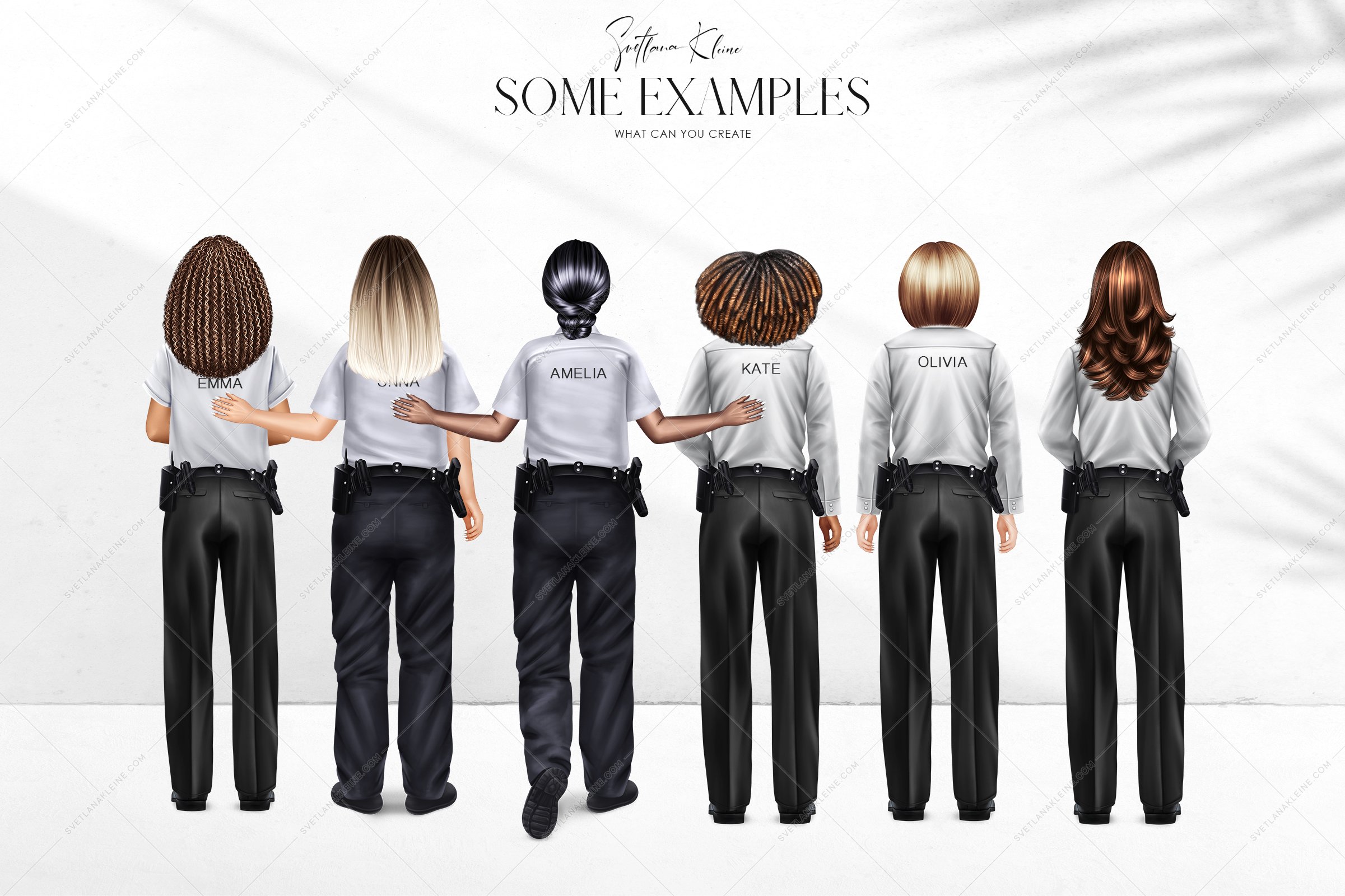 The black lettering "Some examples" and 6 women in grey shirts with black trousers and an inscription on the shirt with their names.