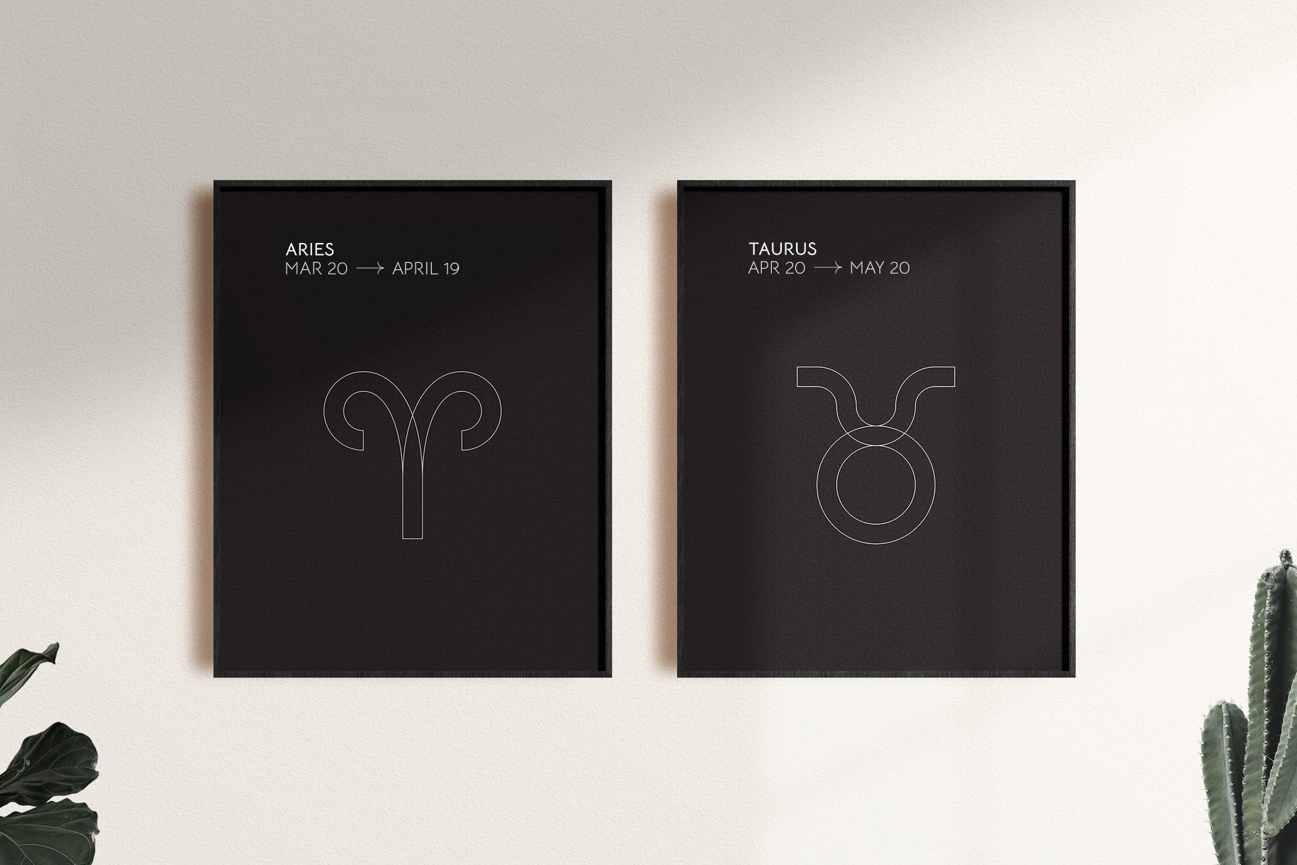 Two posters with the outlines Aries and Taurus signs.