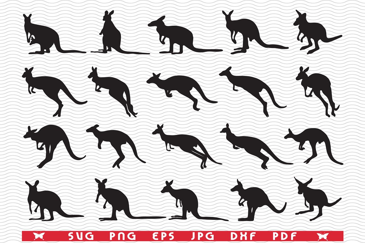 20 different black silhouette kangaroo on a wavy background.
