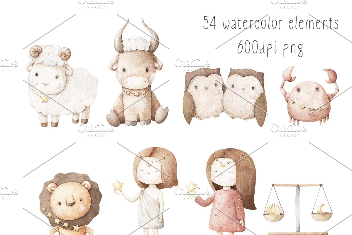 Cute 54 watercolor elements with zodiac signs.