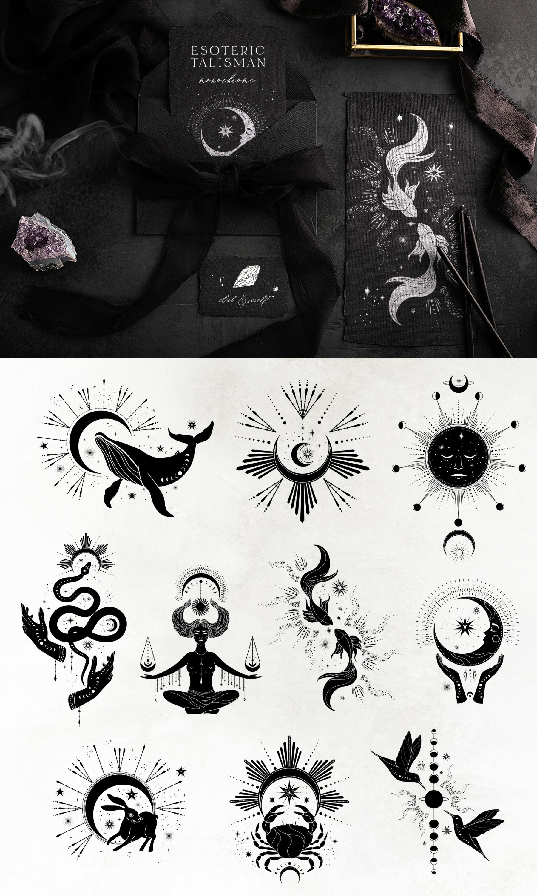 Creative black illustrations in a magic style.