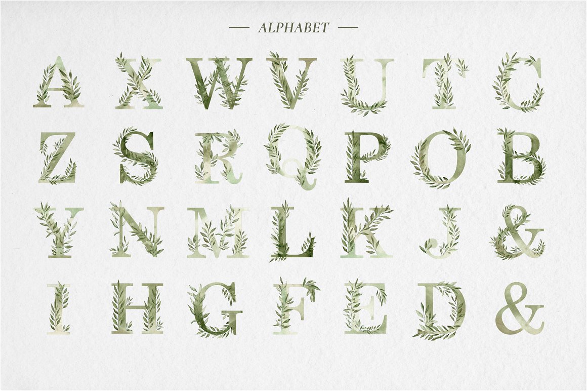 Olive Branches Watercolors alphabet preview.