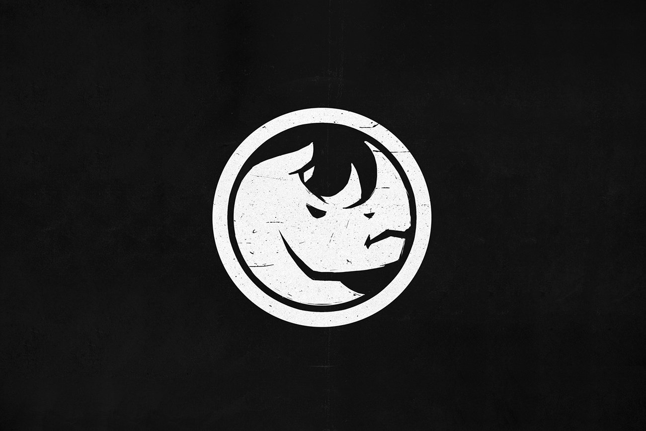 Black background with the white rhino face logo.