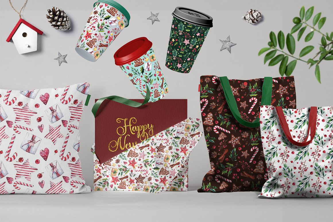 A set of 2 shopping bags, red box, 3 cups and white pillow with christmas illustrations.