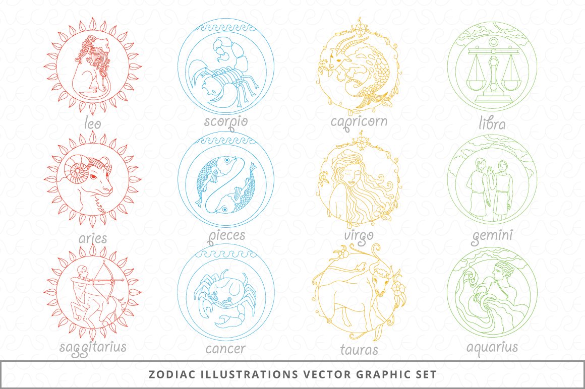 Zodiac illustrations vector graphic set.