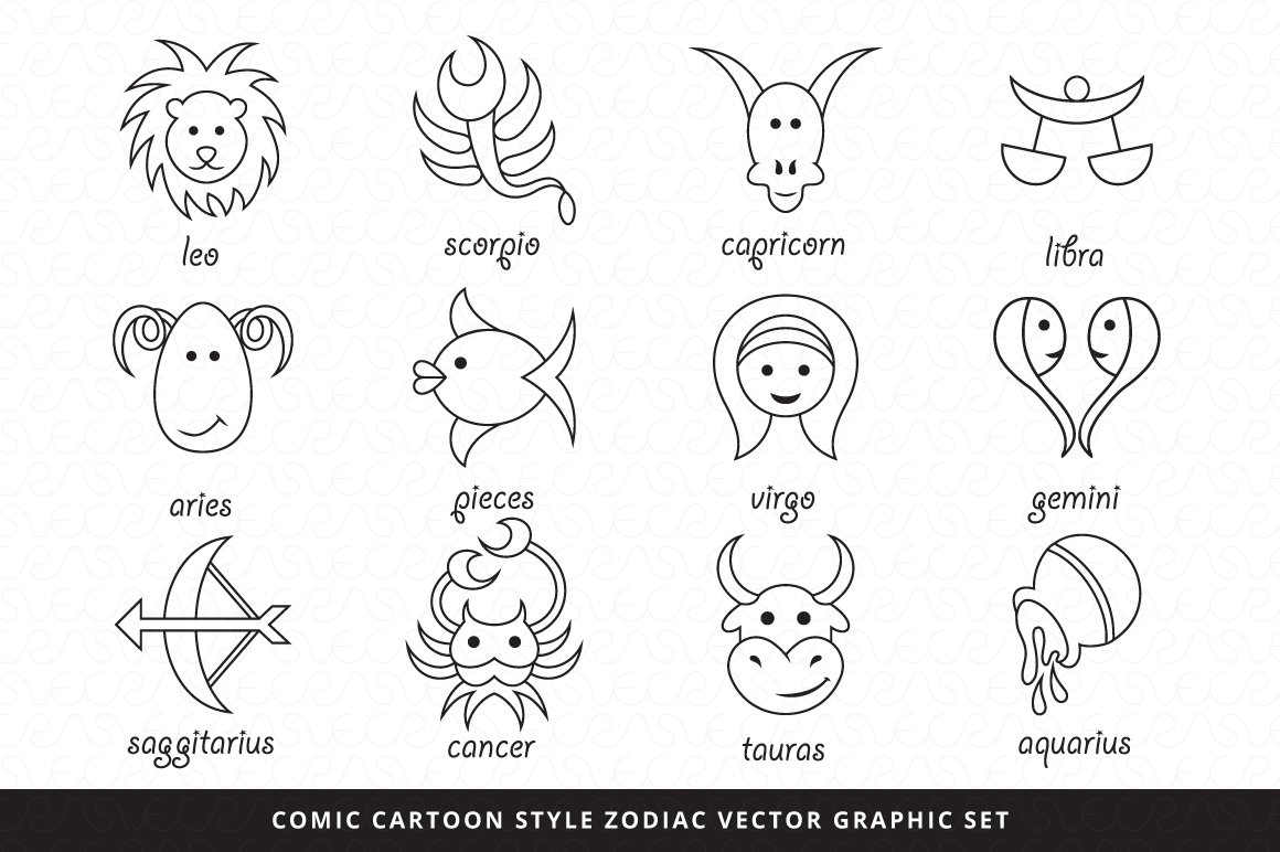 BW comic cartoon style zodiac vector graphic set.